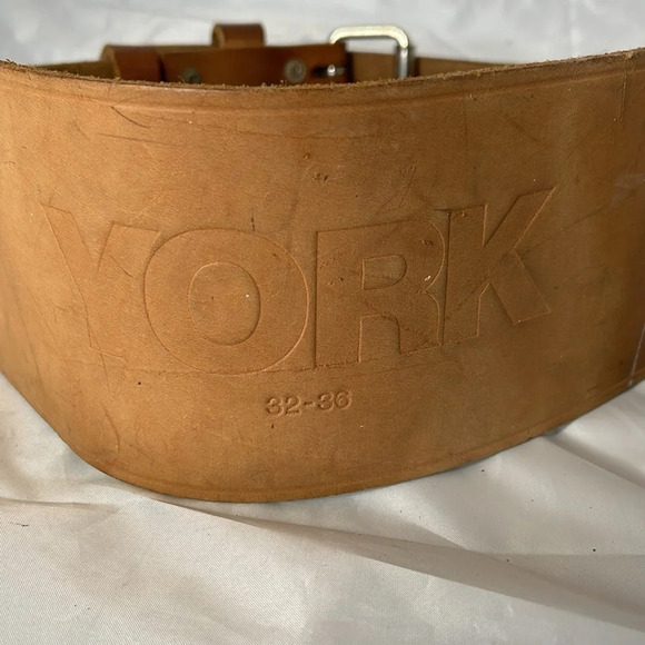 YORK Vintage Tan Leather Weightlifting Belt Gym Training Support Size M 32-36 - Picture 2 of 12